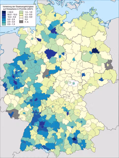 Brazilians in Germany — Number of foreign citizens from the country described in the title that are registered at the German Central Register of Foreigners relative to the total population of the mentioned foreign nationals in Germany at the district level.