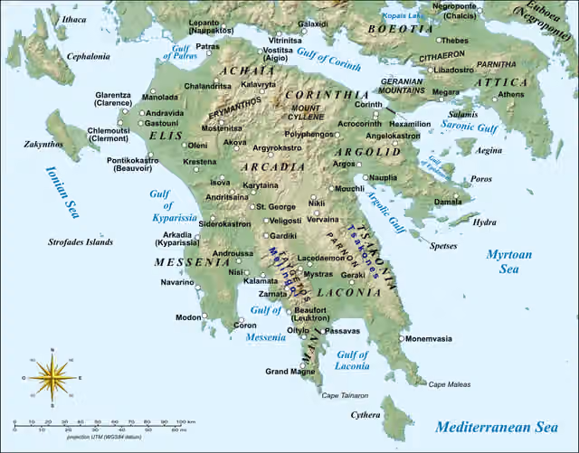 Melingoi — Map of Peloponnese , Greece, with the sites of major importance during the Middle Ages.