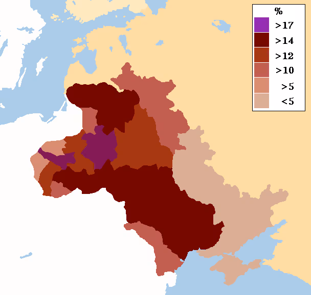 Eastern European Jewry — Map showing the percentage of Jews in the Pale of Settlement and Congress Poland , c.
