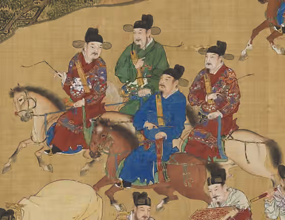 Yesa robe — Ming dynasty officials wearing yesa robes, riding on horses, from Return Clearing (明人畫入蹕圖)-painting scroll.