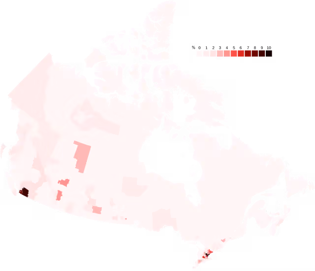 India Kanada — Map of Indian Canadians by census division.