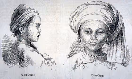 Masyarakat adat dataran — "Pepo-knabe, Pepo-frau." [Pepo youngster, Pepo woman.] 1877.