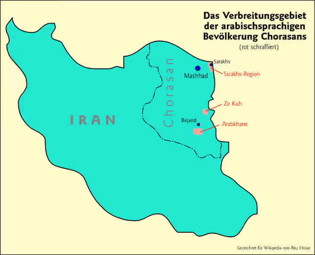 Khorasani Arabs — Verbreitungsgebiet der arabischsprachigen Bevölkerung Chorasans / The Arabic speaking population of Khorasan (Iran).