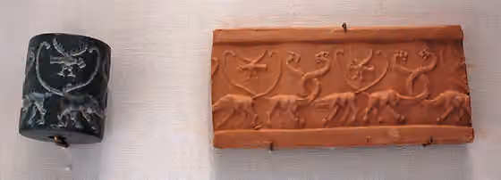 Hardstone carving — Jasper cylinder seal and impression: Serpopards (monstrous lions) and lion-headed eagles, Mesopotamia , Uruk period (4100 BC–3000 BC).