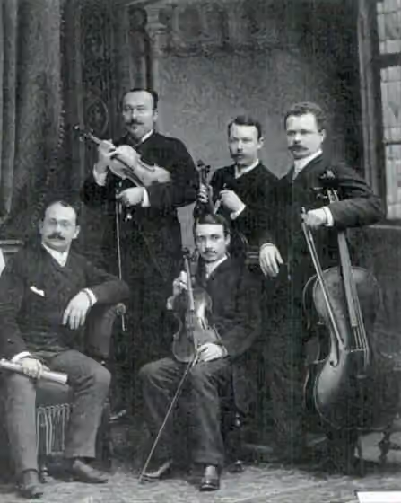 Piano quintet — The Swiss piano quintet: sitting Willy Rehberg (piano) and Rigo (viola), standing Louis Rey (first violin), Emile Rey (second violin) and Adolphe Rehberg (cello)
