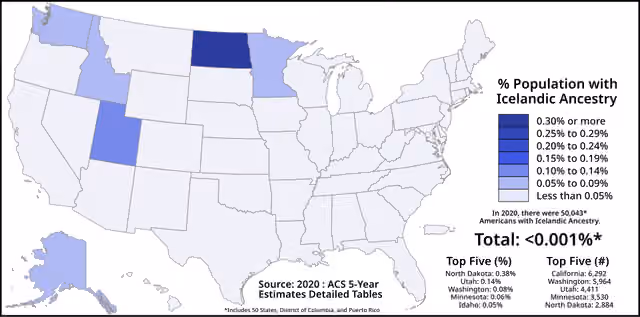 orang Islandia Amerika — Percent of the population with Icelandic ancestry by state