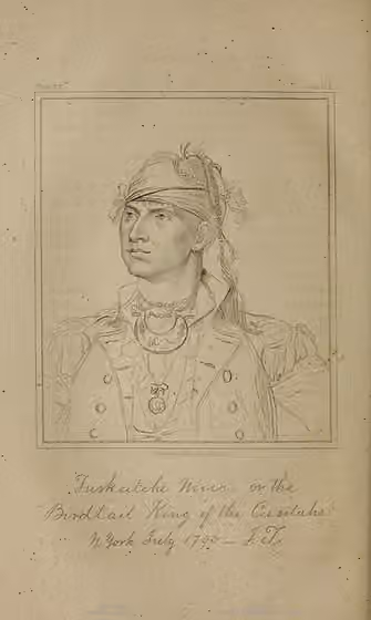 Tukabatchee — Tuskatche-mico, or the bird-tail king of the Cusitahs ( John Trumbull , 1790)