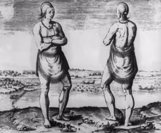 Algonquian peoples — Full-length, front and back view of Native chief showing manner of dress; river scene in background.