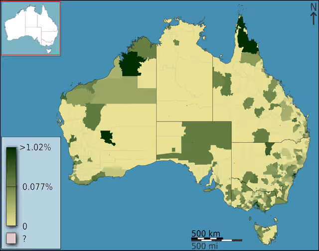 Sri Lankan Australians — People born in Sri Lanka as a fraction of total persons, in Australia, Australia, according to the 2011 census results.