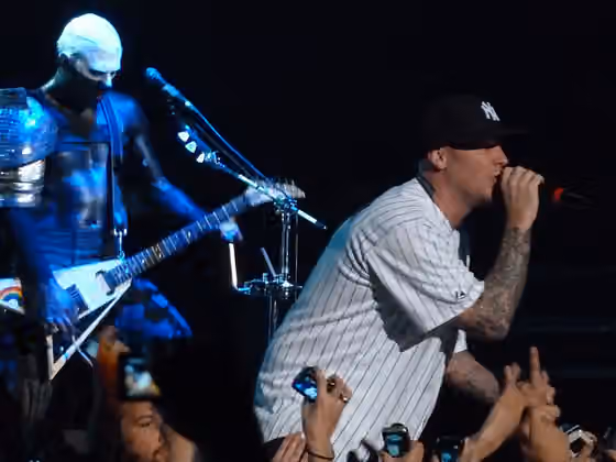 rap metal — Limp Bizkit's Wes Borland and Fred Durst performing at the Movistar Arena in Santiago, Chile on July 21, 2011.