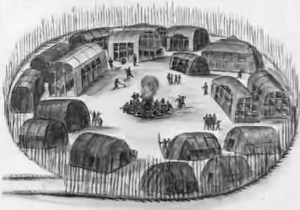Doeg people — Watercolor by John White depicting an Algonquin village similar in appearance to villages in Tsenacommacah.