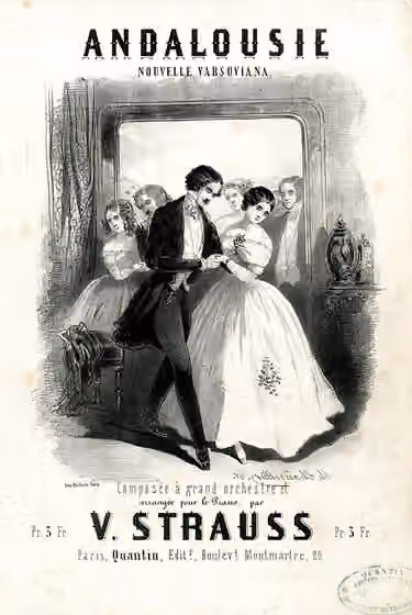 Varsovienne — Music cover sheet: a man leading a woman to dance the 'new Varsoviana', holding hands; behind them, a crowd of onlookers watching them; composition as a vignette on a title page for a piano arrangement of an orchestral piece, for a dance,…