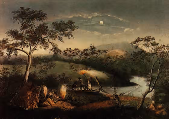 Wurundjeri — Aboriginal people fishing and camping on Merri Creek.