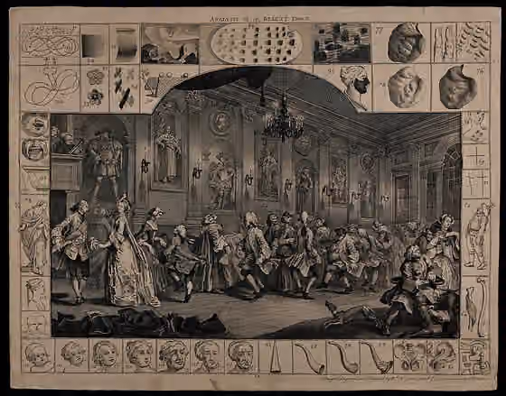 Country dance — A country dance in a long hall; the elegance of the couple on the left contrasts with the ridiculous poses of the more rustic figures beyond representing "unidealized" humanity; straight, angular and round shapes.