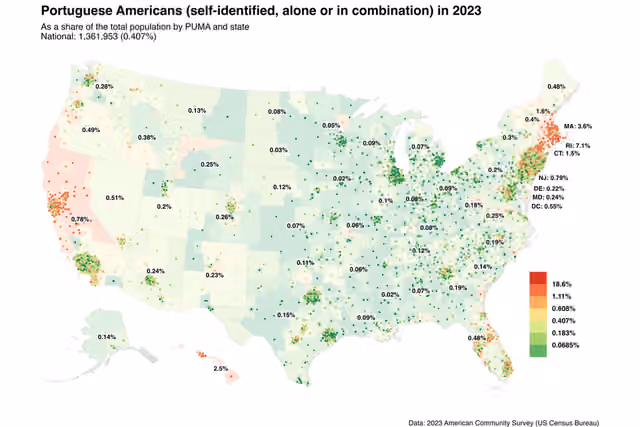 orang Portugis Amerika — Map of Portuguese Americans in 2023.