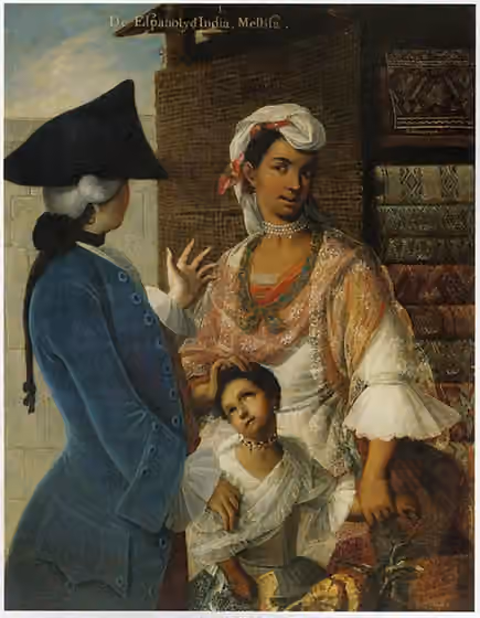 Mestizo — An oil painting depicting a white father, an indigenous mother, and a mestizo (mixed race) child