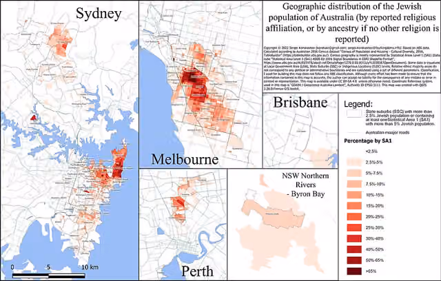Australian Jews — Geographic distribution of the Jewish population of Australia (by reported religious affiliation, or by ancestry if no other religion is reported), by Statistical Areas 1 (SA1)