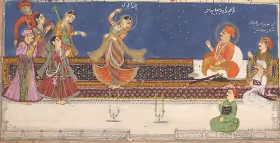 Mujra — Mah Laqa Bai dancing in the court of Raja Rao Rambha Bahadur behind to him is Mir Alam (as mentioned in Deccani Urdu Script)