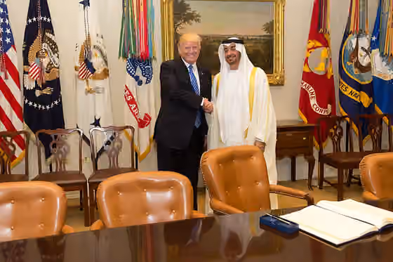 Hubungan Amerika Serikat dengan Uni Emirat Arab — President Donald Trump meet with His Highness Sheikh Mohamed bin Zayed Al Nahyan, Crown Prince of Abu Dhabi, in the Roosevelt Room of the White House, Monday, May 15, 2017, in Washington, D.C.