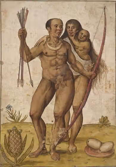 Tupinambá — Tupinamba Indian man, woman and child; the man holds a bow and arrows and wears a neck-ornament, the baby in a sling, various fruit depicted in the foreground