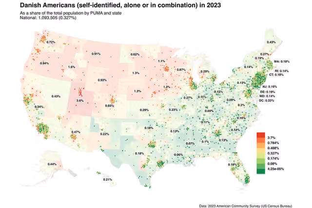 orang Denmark Amerika — Map of Danish Americans in 2023.