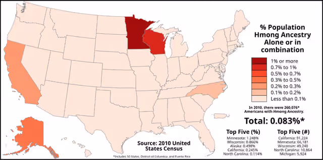 Hmong Americans — Americans with Hmong Ancestry by state as of the 2010 U.S.