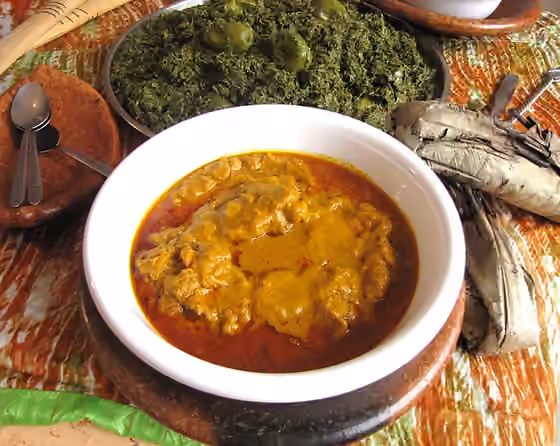 Angolan cuisine — Moambe sauce, here covering chicken, popular across central Africa.