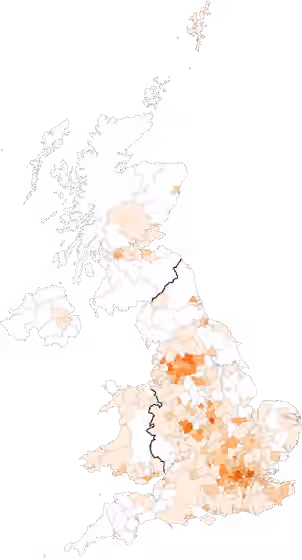orang Asia Britania — Asian percentage UK wide across local authorities for the 2011 census Less than 1% 1 - 3% 3 - 7% 7 - 12% 12 - 20% 20 - 35% More than 35%