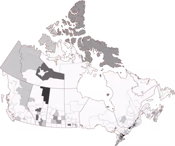 kulit hitam Kanada — Census Divisions of Canada shaded by the percent that identifies as Black in the 2021 census 0.0%-0.99% 1%-1.99% 2%-3.99% 4%-5.99% 6%-8.99% 9% and greater