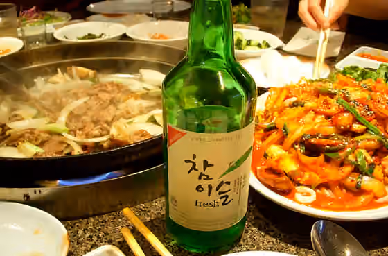 anju — Bulgogi, soju (alcoholic drink) and Nakji bokkeum
