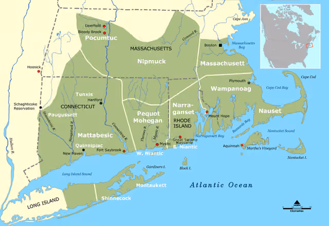 Massachusett — Tribal territories of Southern New England tribes about 1600.
