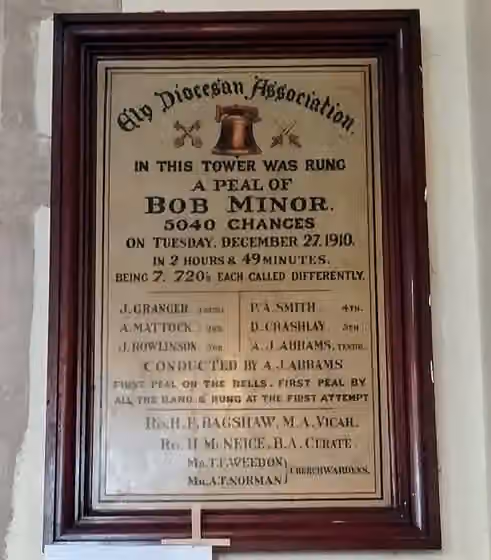 Change ringing — Plaque commemorating the ringing of a peal of Bob Minor in 1910 in SS Peter and Paul parish church, Chatteris, Cambridgeshire