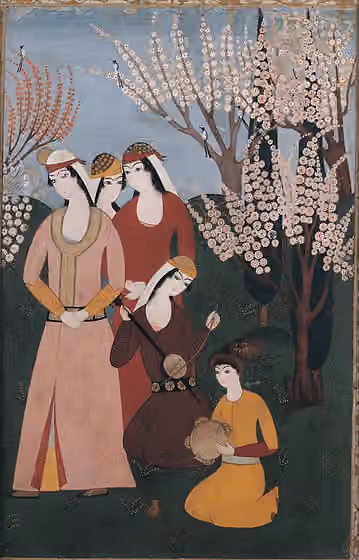 Musik Islami — Three women stand next to the musicians, dressed in peach- and crimson-coloured robes, while a fourth sits on her knees to play the ektar, a one-stringed lute.