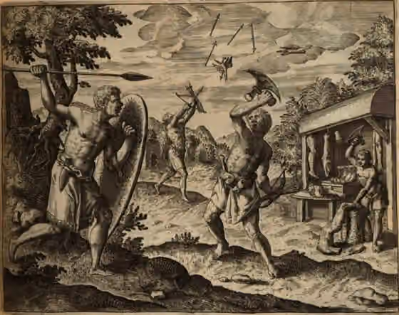Imbangala — Drawing by Theodor de Bry, from Regnum Congo hoc est vera descriptio regni Africani (Filippo Pigafetta, 1598) Caption: De Regni Co[ngi]ani incolis & Anziquis, de quibus cap.