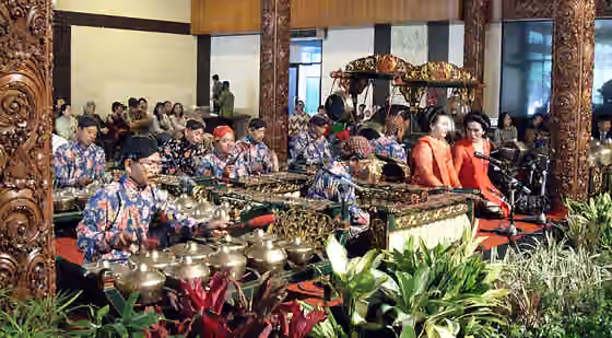 Music of Java — Javanese gamelan ensemble performance during traditional Javanese Yogyakarta style wedding ceremony at Sasono Utomo, Taman Mini Indonesia Indah , Jakarta , Indonesia .
