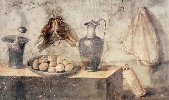 Hidangan Romawi kuno — Still life with eggs, birds and bronze dishes, from the House of Julia Felix, Pompeii.