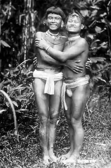 orang Mentawai — Mentawai men displaying a traditional greeting.