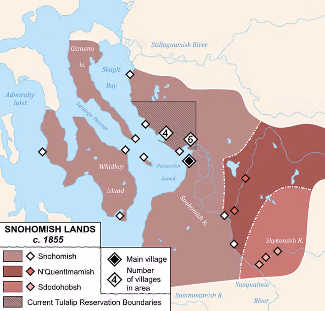 Snohomish people — A map of the extent of Snohomish territory in the year 1855, with all known contemporary and historical village locations marked.