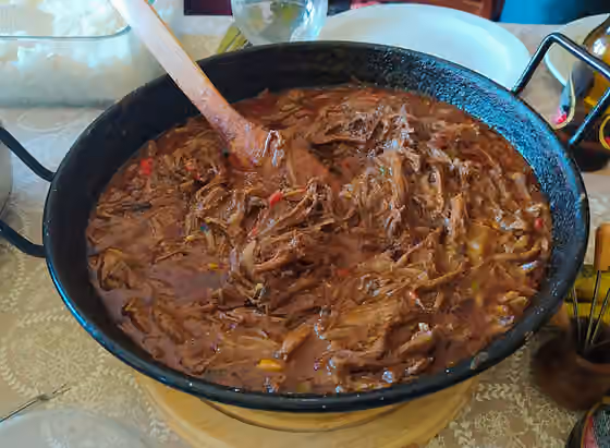 Panamanian cuisine — Los vecinos cubanos nos invitaron a su casa y probamos su deliciosa gastronomía: Ropa vieja, malanga frita, masas de cerdo fritas, arroz y frijoles!