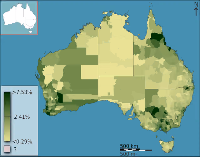 Italian Australians — People of Italian ancestry as a fraction of total persons, in Australia, Australia, according to the 2011 census results.