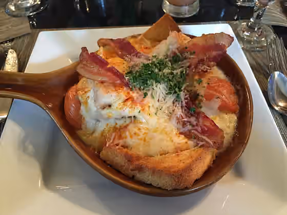 Cuisine of Kentucky — This is an image of the Hot Brown from the Brown Hotel, where the dish was invented.