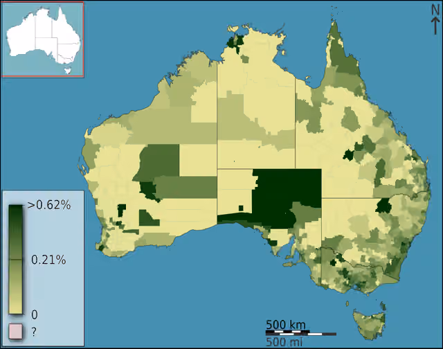 Hongaria-Australia — People of Hungarian ancestry as a fraction of total persons, in Australia, Australia, according to the 2011 census results.