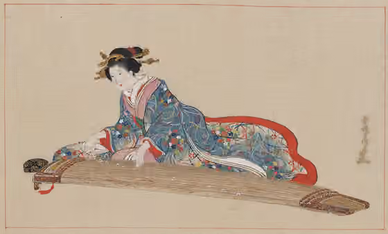 Danmono — A Japanese woman playing the koto , drawn in 1878 by Hasegawa Settei.
