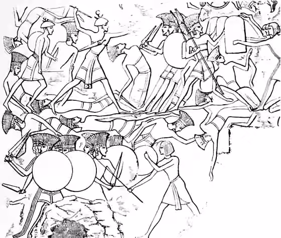 Tjeker — Pulasati (Philistines) and Tsakkaras: on Pylon of Medinet Habu ( Note: The individuals depicted are the Sherden and Tjeker , not the Pulasti and Tjeker )