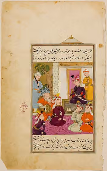 dinasti Safawi — Malik Shah Rustam in the Presence of Shah Isma'il, illustrated folio from a manuscript of the Tarikh-i `Alamara-yi Shah Isma`il This is a folio with painting that has been detached from a manuscript of the Tarikh-i `Alamara-yi Shah Isma`il.