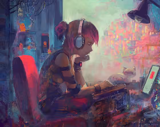 Musik lo-fi — An artwork inspired by Lofi Girl and cyberpunk by David Revoy.