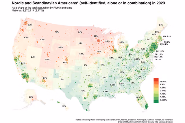 Nordic and Scandinavian Americans — Map of Nordic and Scandinavian Americans in 2023.
