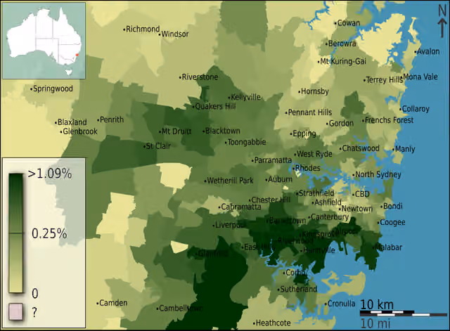 Egyptian Australians — People born in Egypt as a fraction of total persons, in Inner Sydney, Australia, according to the 2011 census results.