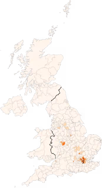 British African-Caribbean people — Regional areas shaded by the percent that identifies as Black Caribbean.