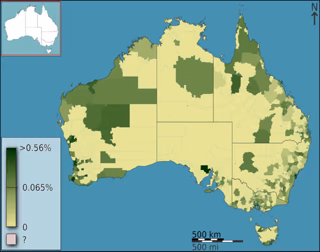 Singaporean Australians — People born in Singapore as a fraction of total persons, in Australia, Australia, according to the 2011 census results.